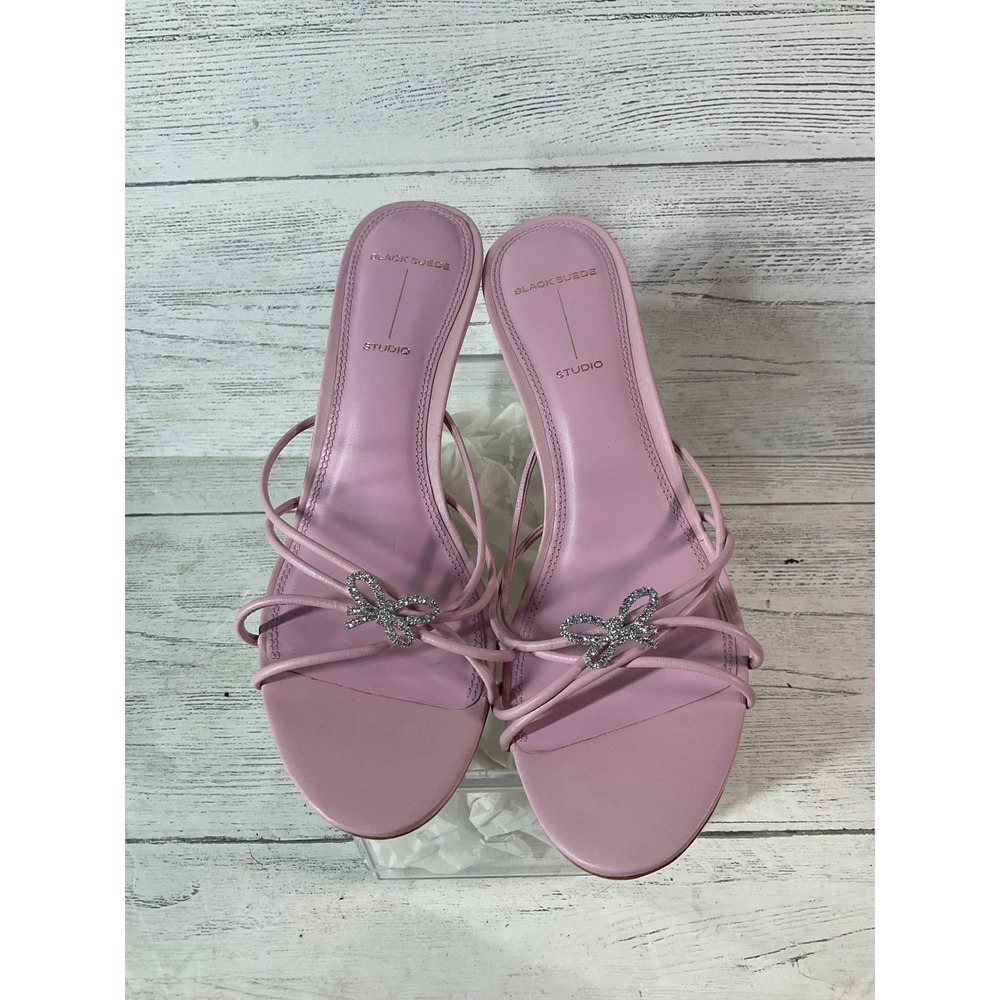 Black Suede Studio Pink Strappy Crystal Bow Heels size 38.5 or US 8‎ NWOB